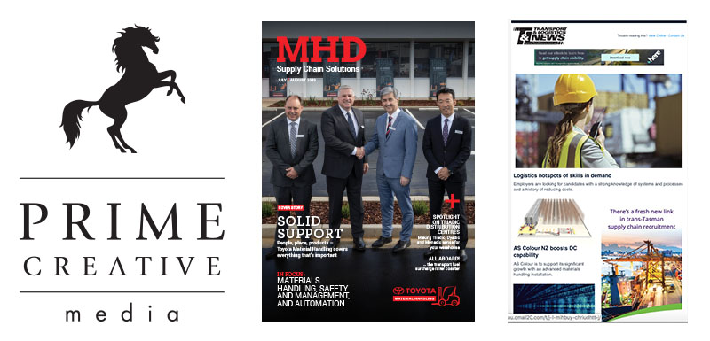 PCM's logo, the cover of MHD Supply Chain Solutions magazine, and e-news screen grab.
