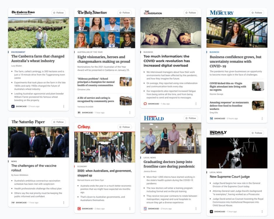 Google News Showcase Australia example