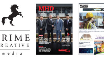 PCM's logo, the cover of MHD Supply Chain Solutions magazine, and e-news screen grab.